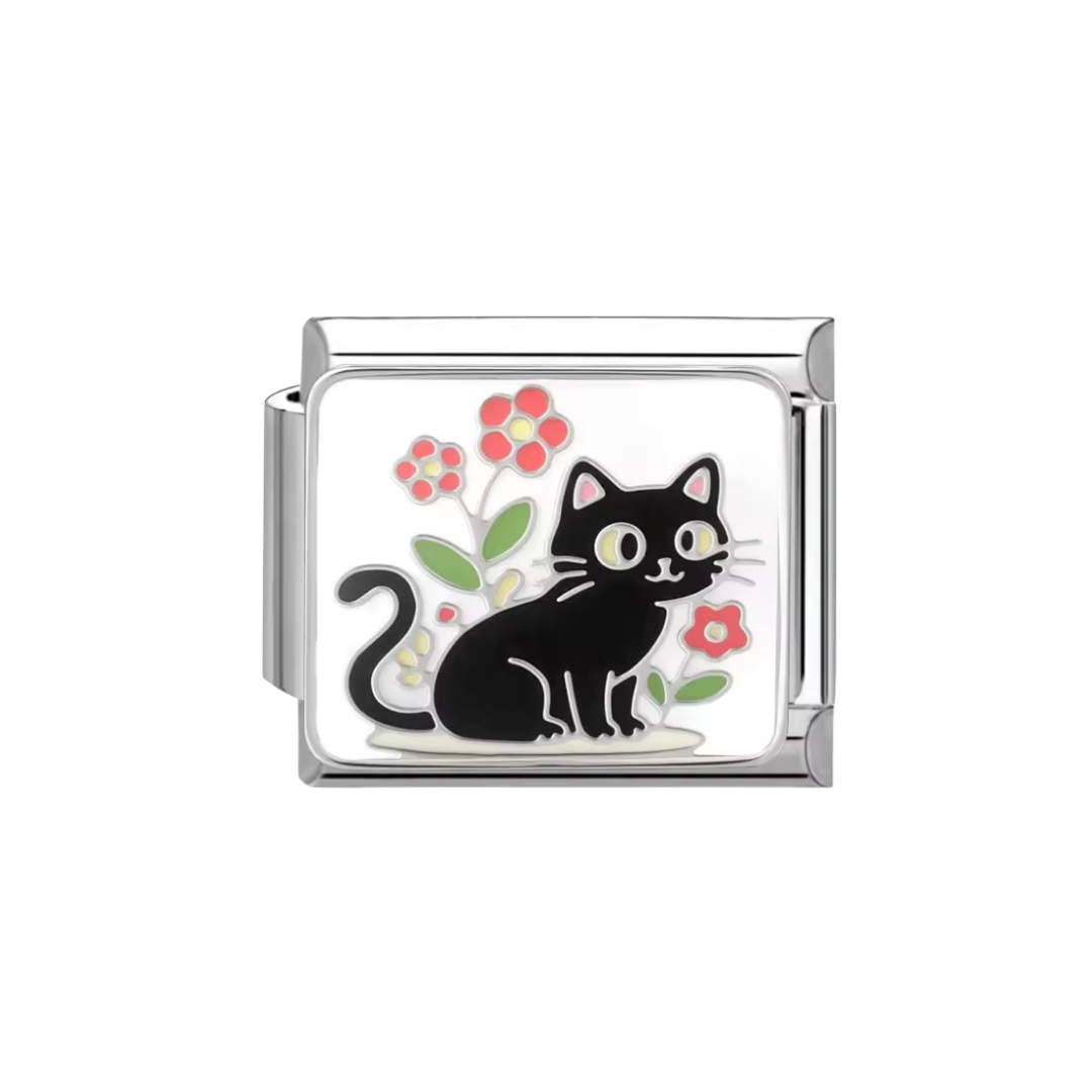 Black Cat Smelling the Flowers